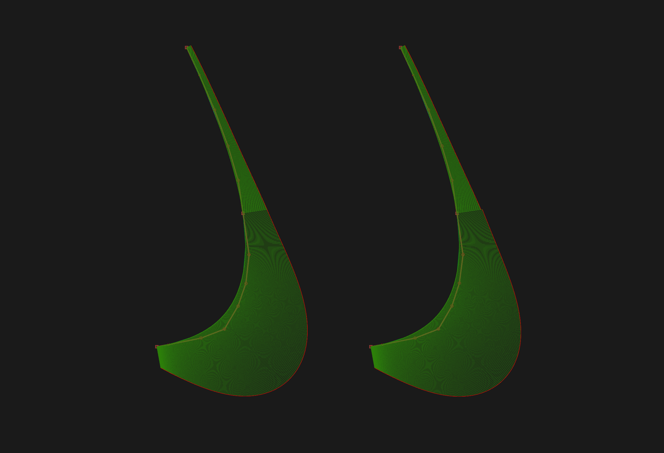 Side-by-side CAD curvature comb comparison showing a G2 curvature-continuous transition and a G1 tangent-only transition.