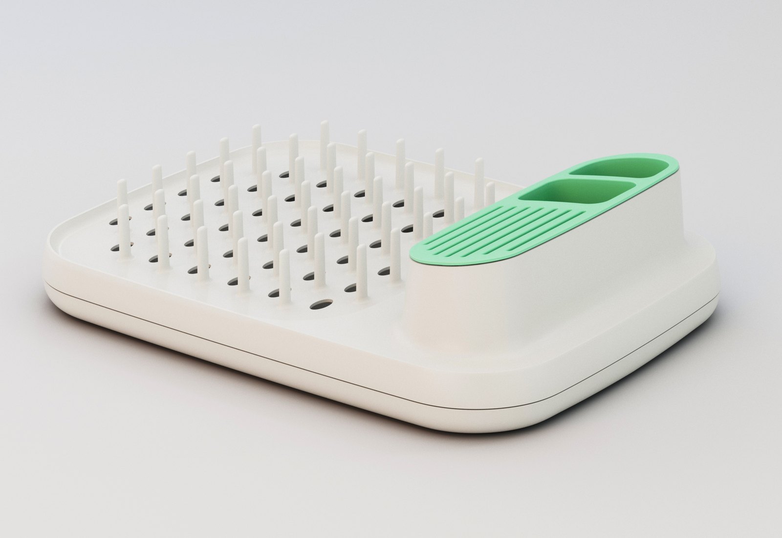Calia compact dish drying system render showing countertop footprint and drainage layout