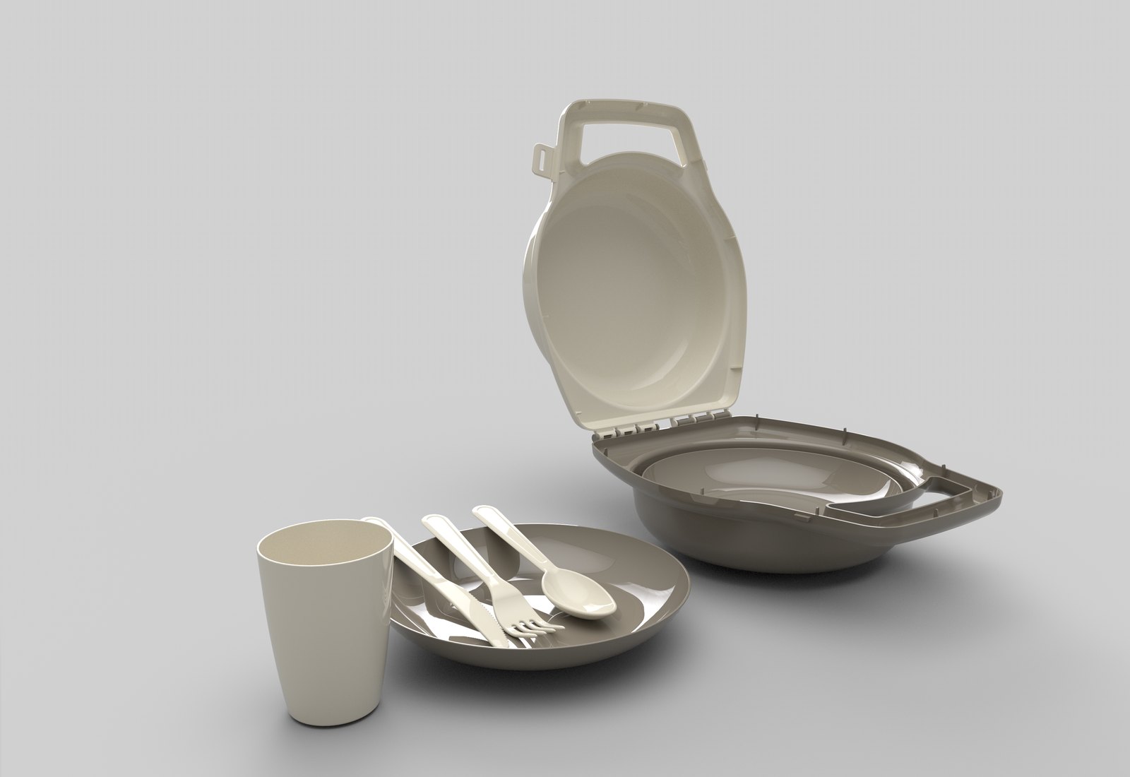 Material-driven tableware and compact dining product study render