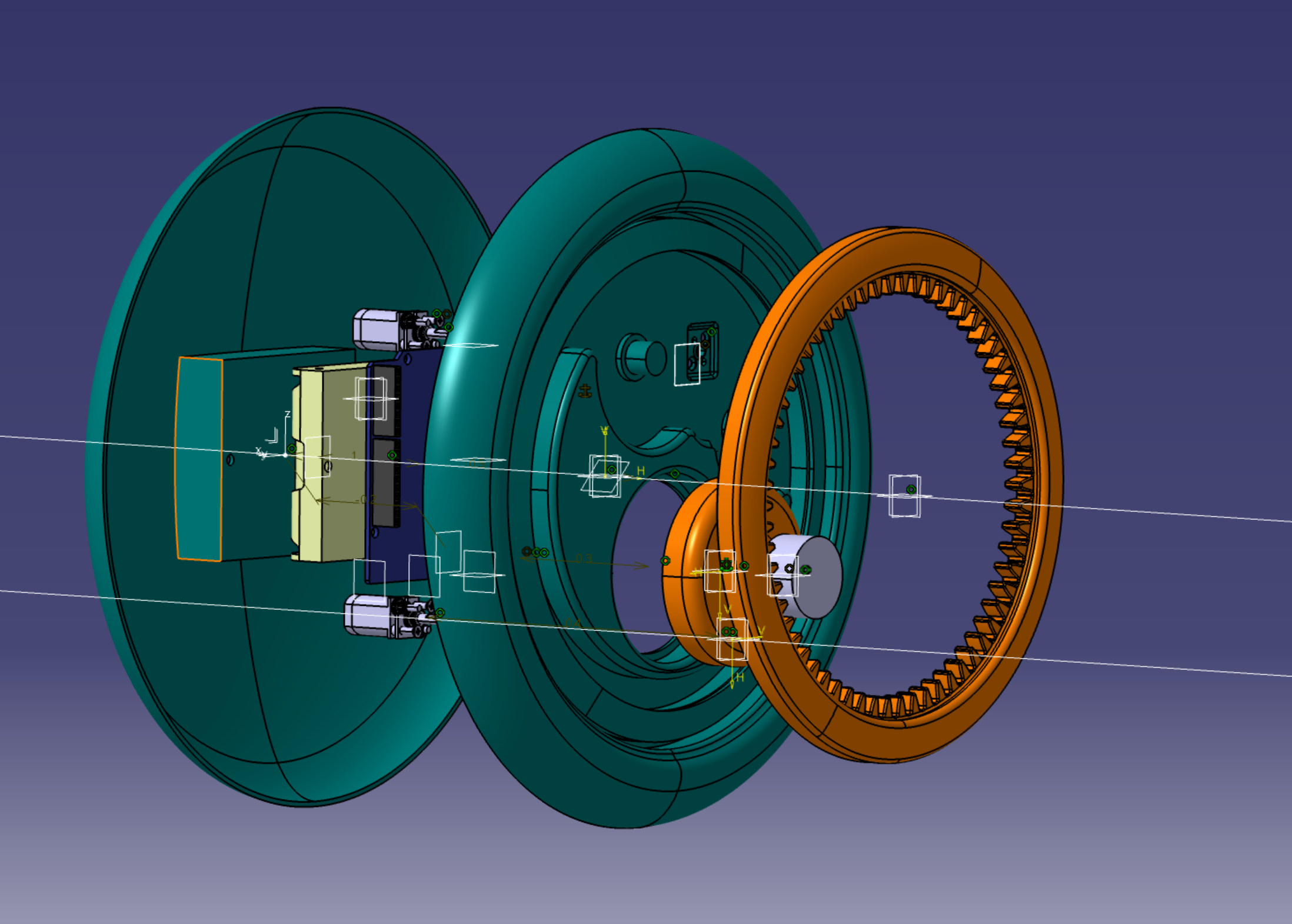 Exploded CAD assembly showing mechanism and housing parts