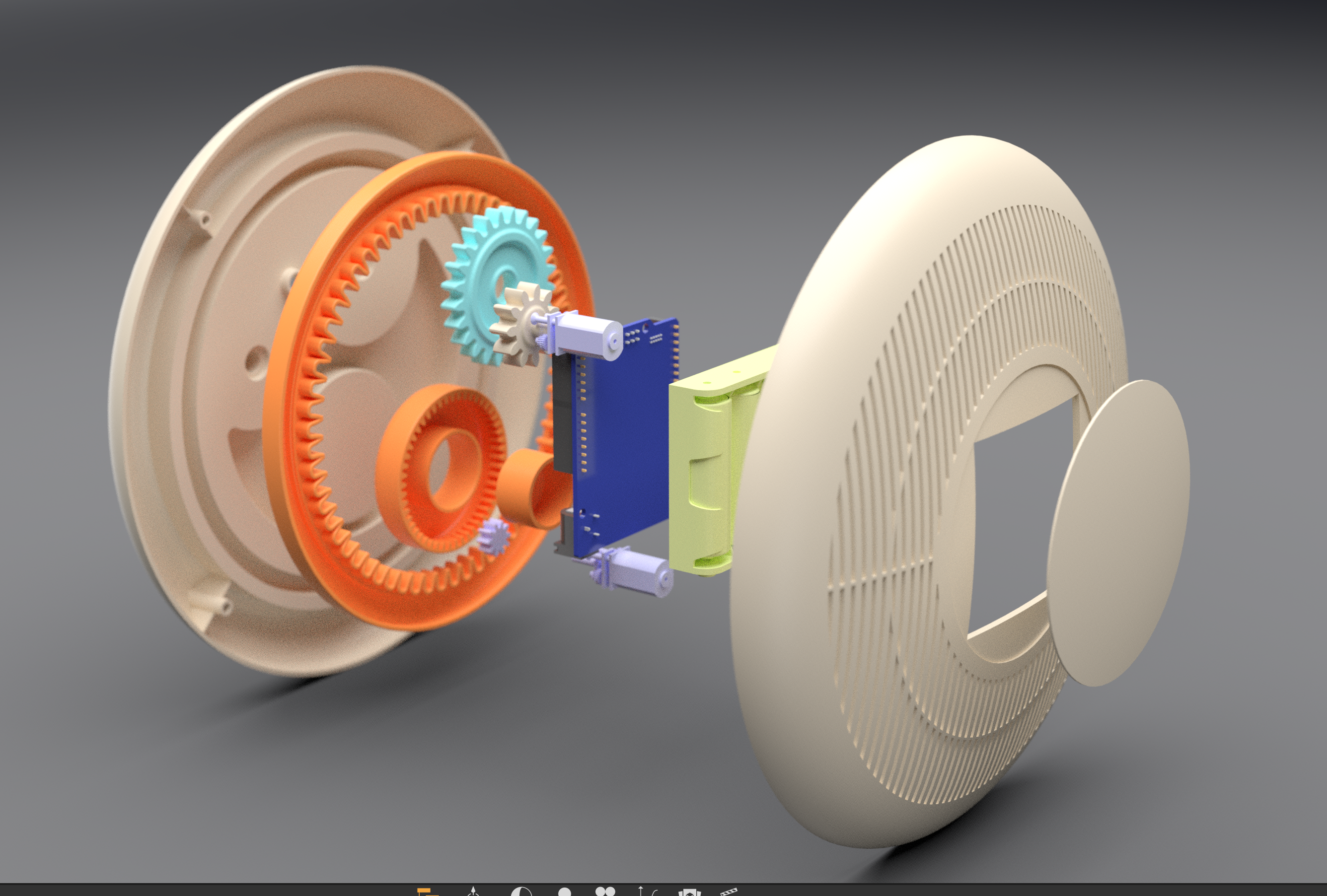 Exploded product assembly render showing CAD development, internal structure and manufacturing-aware product design