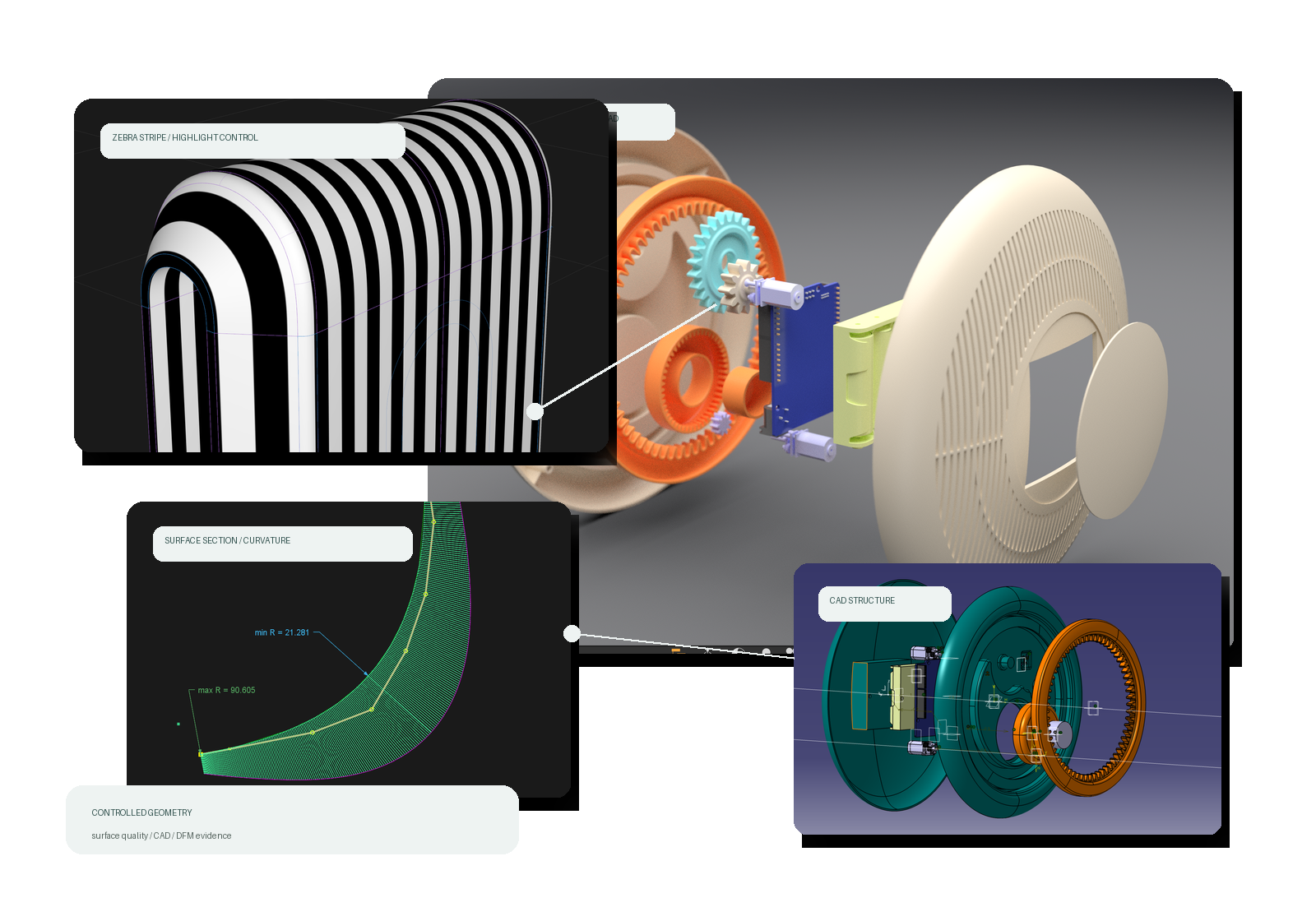 Controlled product geometry shown through zebra stripe analysis, surface section, exploded CAD and product assembly evidence