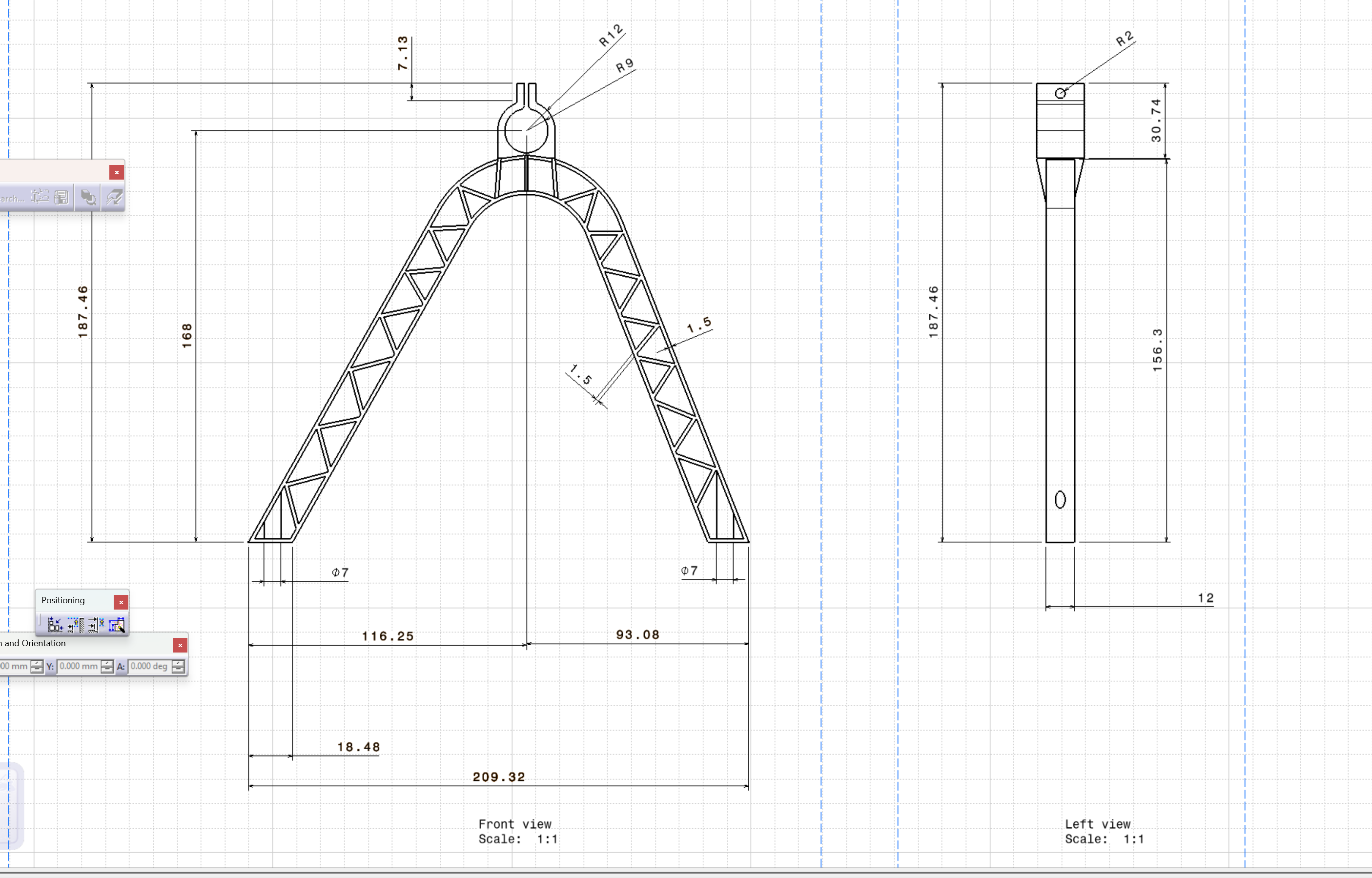 Technical drawing with dimensions for manufacturing handoff