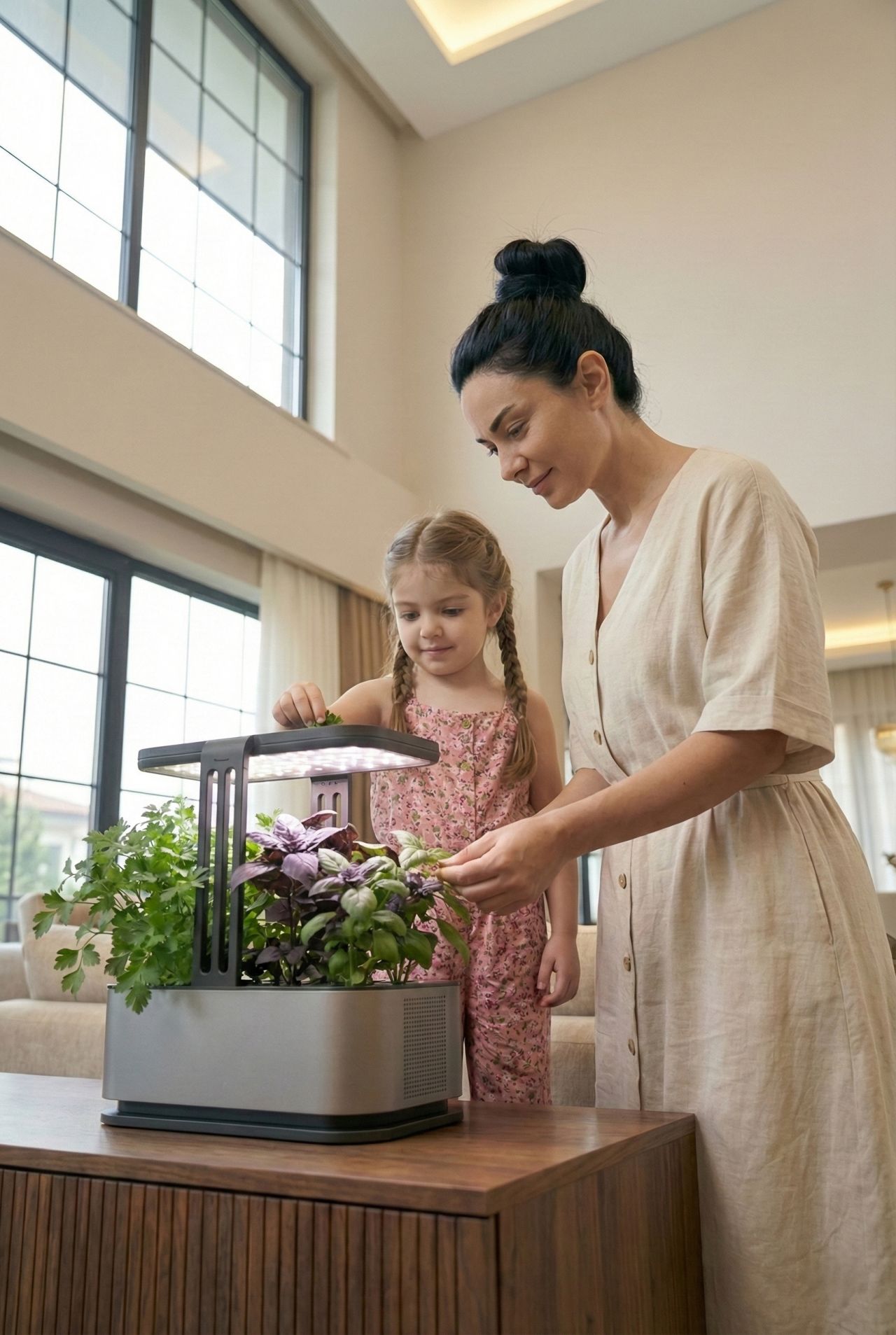 Smart Garden product being used by a mother and child in a domestic setting